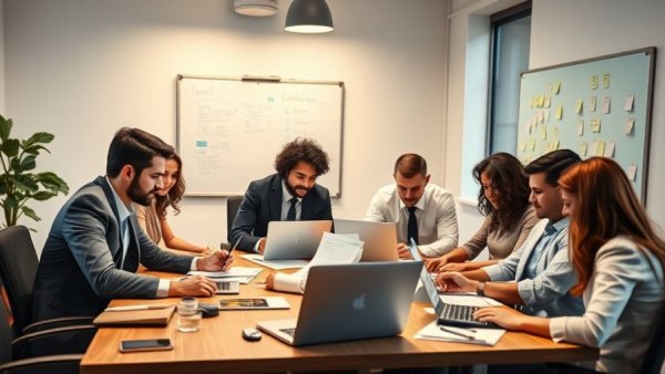 Business team collaborating on small business tax help in modern office.