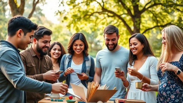 Creative team-building ideas in action with a diverse group collaborating outdoors.