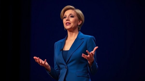 Elegant woman discussing on stage, Amazon Oprah Winfrey Podcast Deal.