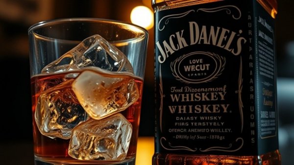 Jack Daniel's whiskey bottle and glass on a table in warm lighting.