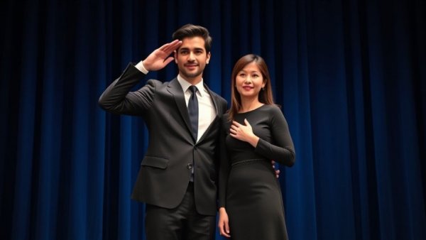 Elegant couple saluting on stage, formal attire, blue curtain background.