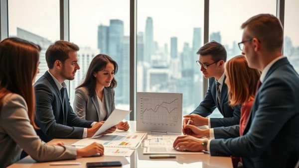 Business team discussing benefits of conducting service surveys in an office.