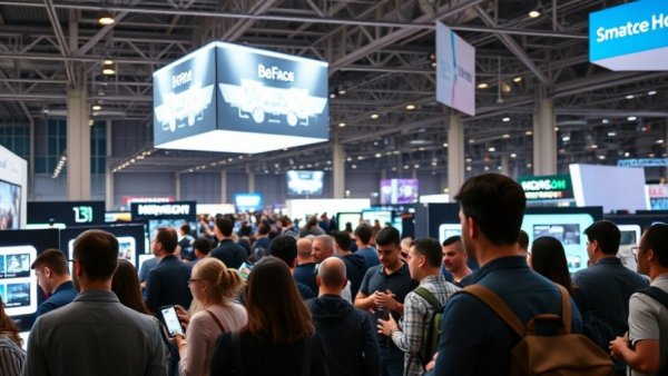 Tech exhibition showcasing smart home products with attendees.