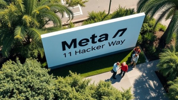 Meta sign at 1 Hacker Way with people, sunny day, greenery.