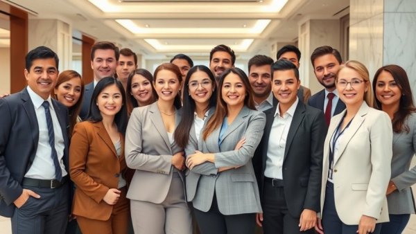 Corporate group posing, cheerful in office setting.