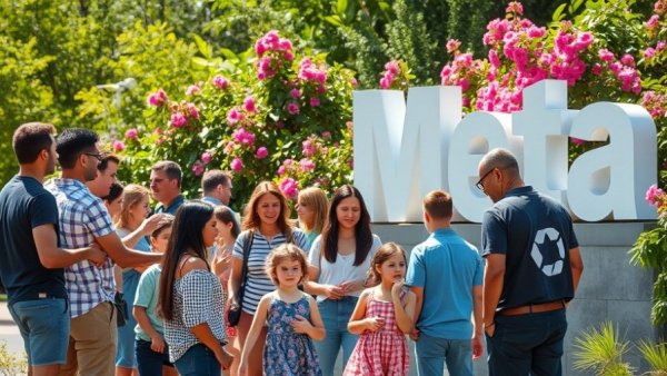 Meta projected spending increase sign with people nearby.