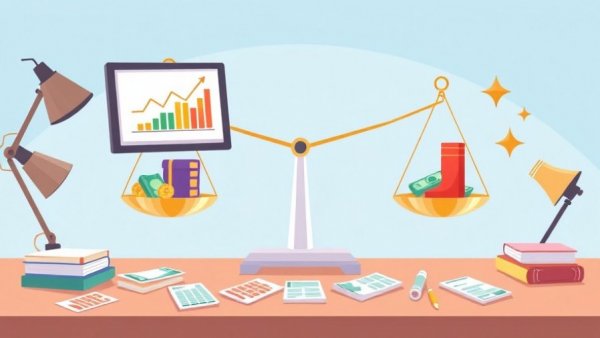 Balance sheet for small business illustration with scales and graphs.