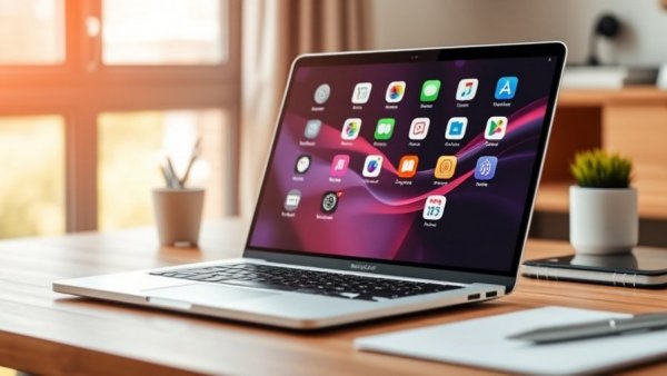 Mac bookkeeping apps displayed on laptop in home office.