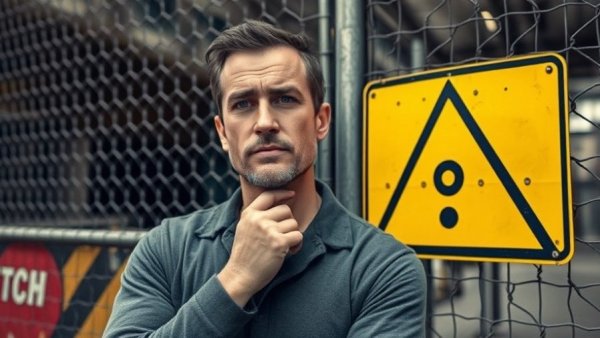 Man standing near caution sign by a fence, urban setting