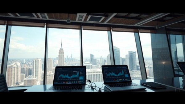 Office with laptops showing analytics, city view; linked to current commercial mortgage interest rates.