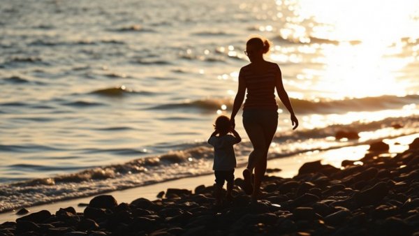 Serene silhouette of a parent and child on a rocky beach, sunset reflecting on water.
