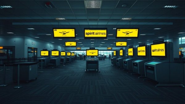 Spirit Airlines check-in area with out-of-service kiosks.