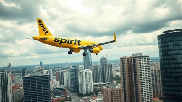 Spirit Airlines plane takes off against urban backdrop.