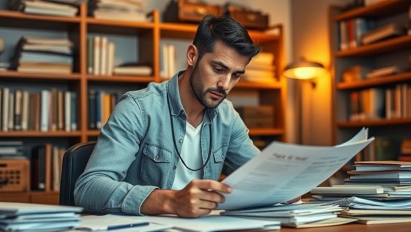 Man reviewing tax documents under warm light, when to pay tax.
