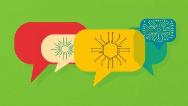 Abstract AI communication with colorful speech bubbles and circuit pattern