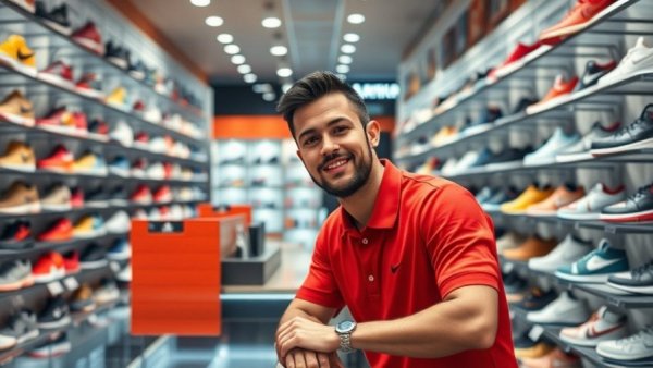 Casual man at sneaker shop counter with vibrant shoe display.