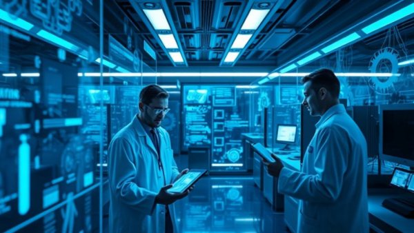 Futuristic lab with scientists and holographic screens for Google Gemini Deep Research.