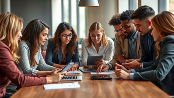 Professionals discussing best Instagram hashtags for engagement, modern office.