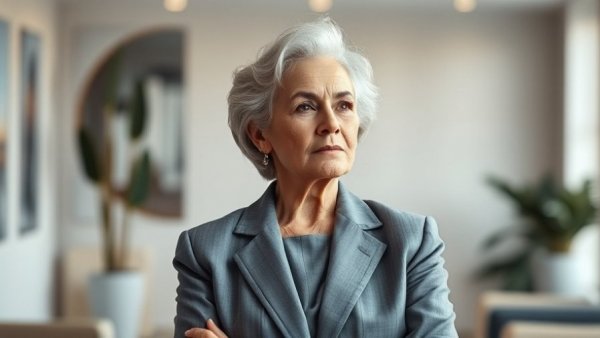 Elderly professional woman in modern office, thoughtful pose.