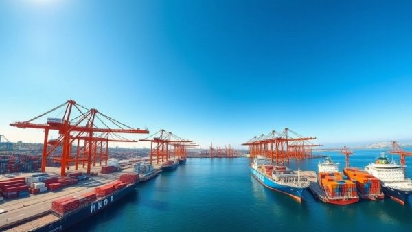 Port scene with industrial cranes and ships under clear sky.