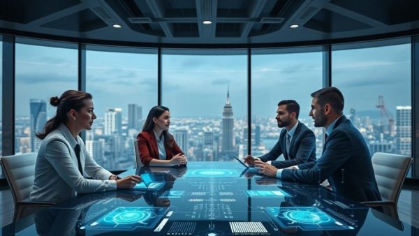 Professionals discuss AI solutions for business travel in a high-tech office