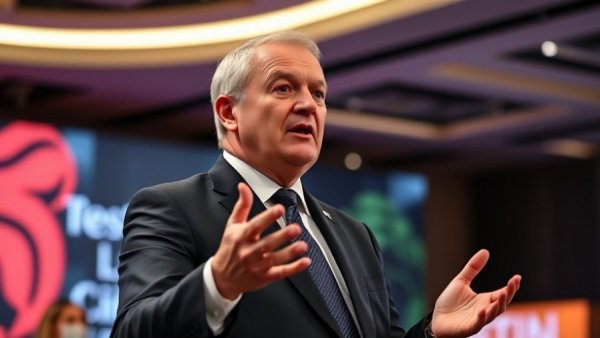 Older man gestures during conference discussion.