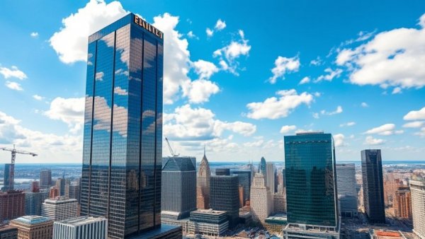 Polymarket Panama headquarters towering skyscraper under blue sky.