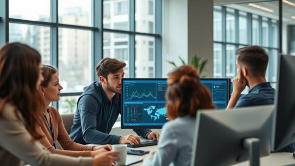 Young professionals analyze climate data in office, bridging science and policy.