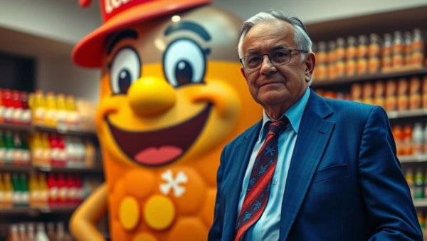 Mature man by branded mascot in product display setting.