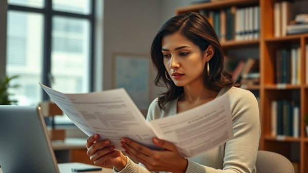 Contemplative woman reviewing small business taxes in an office setting.