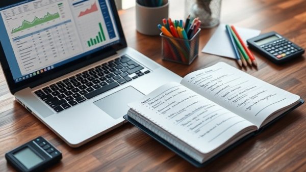 Organized workspace with laptop and accounting software for home use.