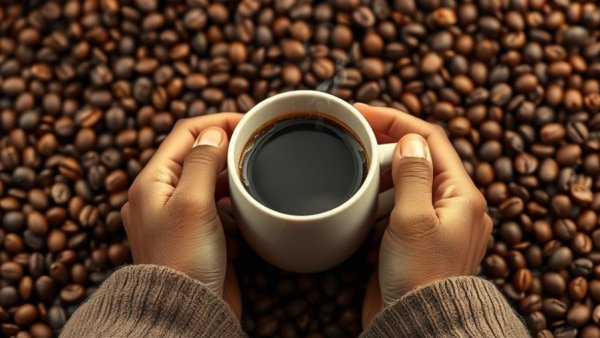 Hands holding coffee cup on coffee bean background, coffee benefits brain health
