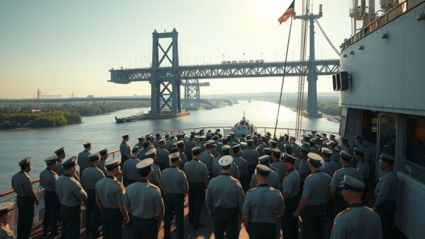 Merchant marine careers showcase uniformed group on ship deck under bridge.