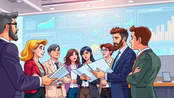 Professionals discussing customer loyalty software in a modern office.