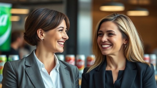 Two women smiling with soda backdrop, Allison Ellsworth Poppi exit.