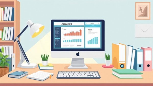 Illustrative office desk with accounting software on computer.