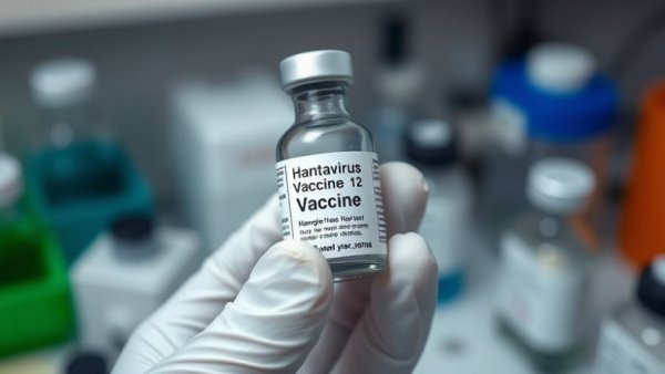 Close-up of a Hantavirus vaccine vial held by gloved hand.