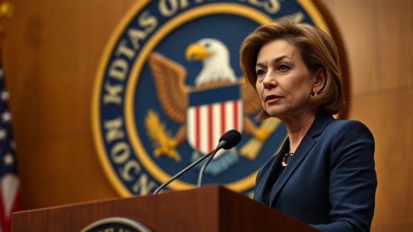 FCC press conference with female speaker and official seal.