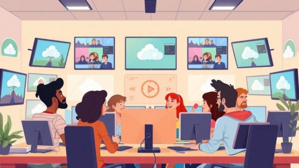Illustration of cloud-based video editing benefits with a diverse team