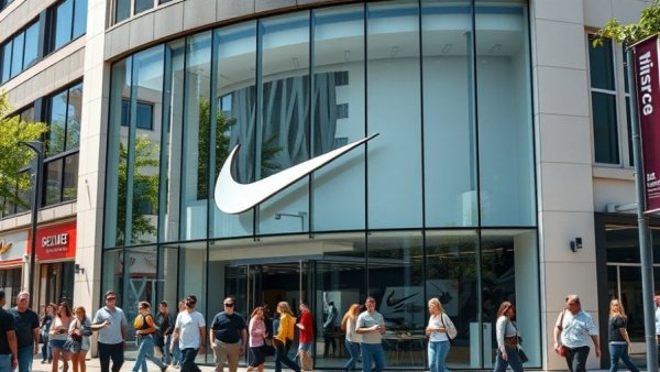 Nike store facade as people pass by, reflecting sales decline in China.