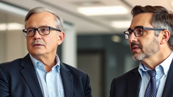 Labour leadership crisis depicted with two men in business attire.