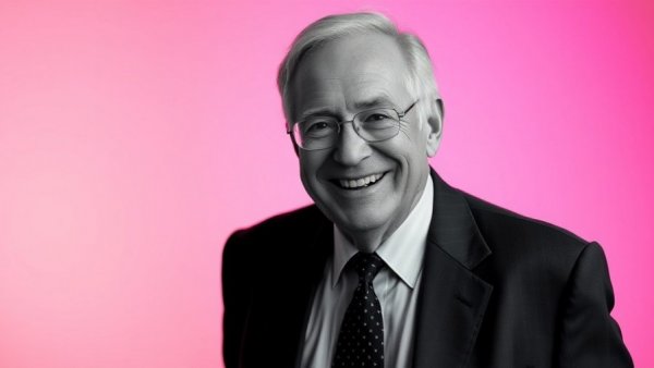Black and white portrait of a smiling older man on a colorful background.