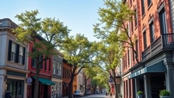 Historic neighborhood street in Pittsburgh with blue sky.