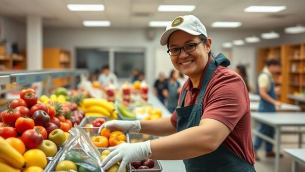 MAHA movement school lunches worker organizing fruit in cafeteria.