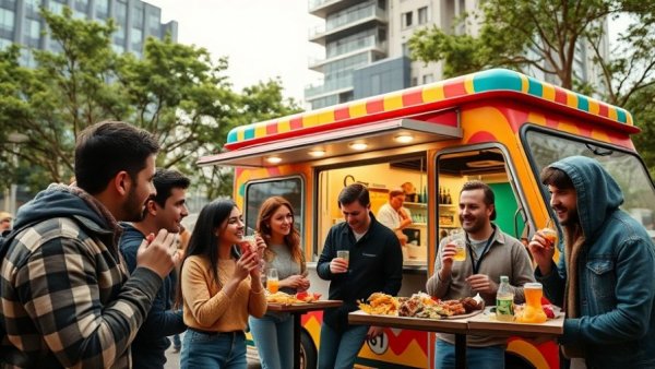 Group enjoying food at colorful truck, city scene, unique food truck ideas.