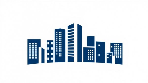 Modern logo for housing equity with stylized buildings on blue background.