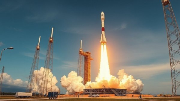 SpaceX Falcon 9 launch against blue sky, flames and smoke visible.