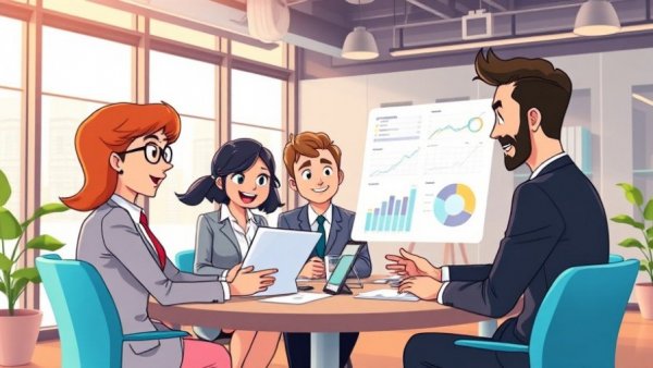 Cartoon team in office discussing survey data, client satisfaction.