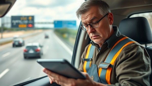 Middle-aged delivery driver checking tablet with traffic backdrop, highlighting rising gas prices Memorial Day travel.