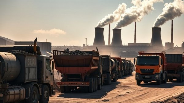 Coal mining operation with trucks and power plant in the background, reflecting coal demand surge Middle East conflict.